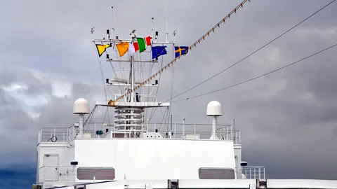 A line of naval flags strung along ship rigging, their fabric rippling in the harbour wind.